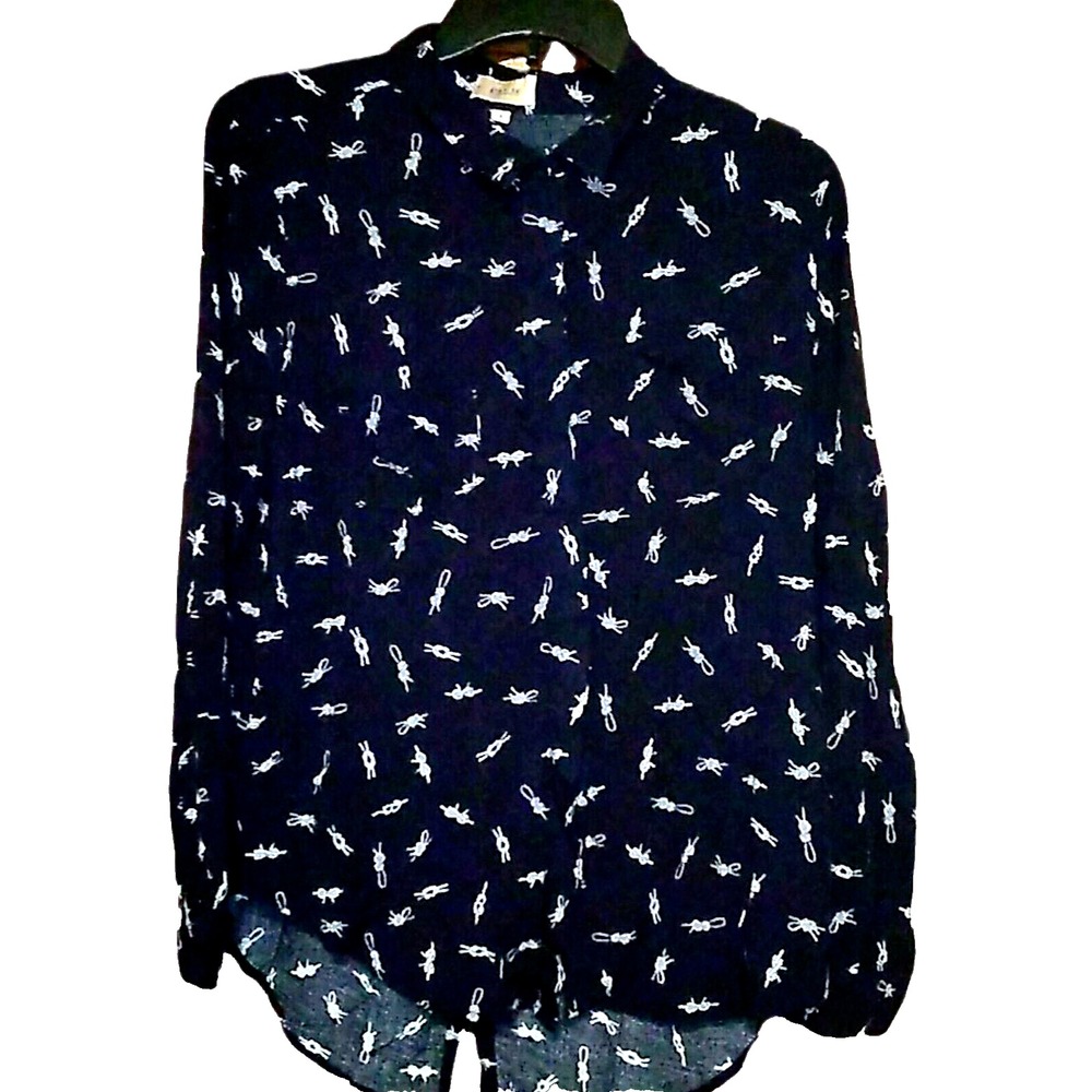 Per Se Button Down Shirt Womens L Blue Nautical Rope Knot Print Rayon Blouse